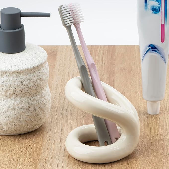 Toothbrush Holder, Knot-Shaped Minimalist Toothbrush Storage, Ceramic Stylish Toothbrush Organizer, Decorative Stand for Bathroom Sink and Countertop (White)