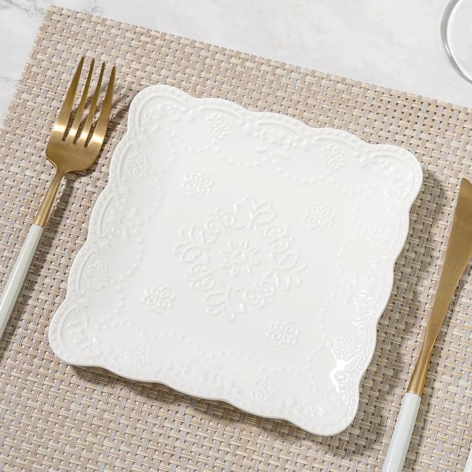 White Small Dessert Plates Set of 4,Ceramic Dinner Plates 6 Inch for Appetizer, Fruits, Cake, Salad,Microwave Safe,Christmas Gift,Relief Style