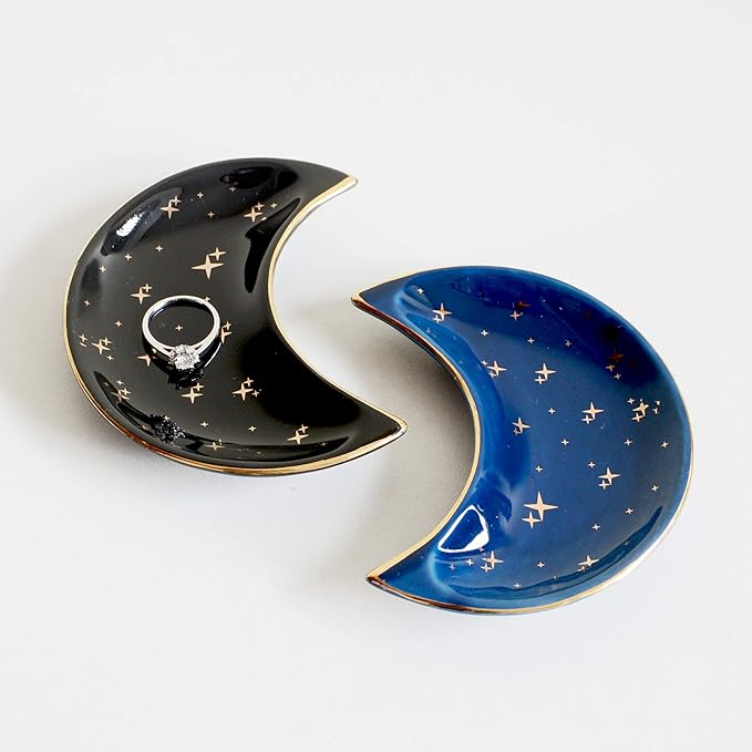 Small Moon Jewelry Dish Tray, Decorative Ceramic Trinket Dish, Modern Accent Tray for Vanity, Blue