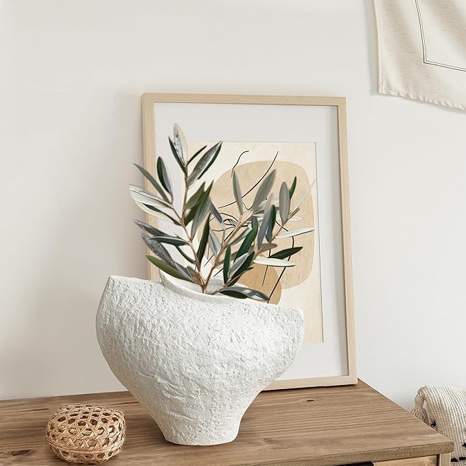 White Ceramic Vase, Modern Farmhouse Style for Table, Kitchen, Bookshelf, Entryway, Counter, Vanity Decor, Stone Textured Small Artistic Handmade Vase for Pampas Grass, Flowers