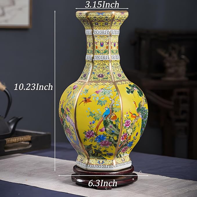 10 Inch Ceramic Vase - Chinese Cloisonné Antique Vase for Home Decor, Yellow Background with Phoenix & Peony Patterns, Gift for Women