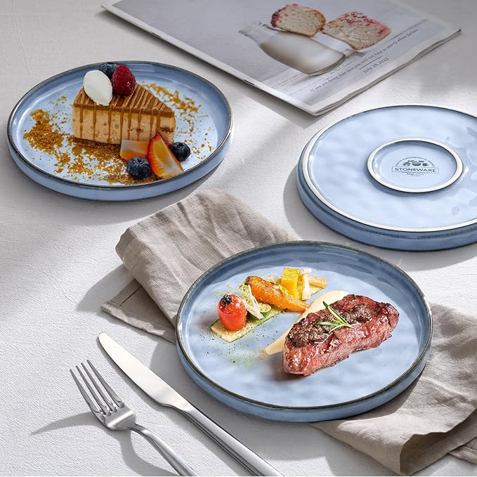 LIANYU Ceramic Dinner Plates Set for 4, 10.2In Porcelain Kitchen Salad Dessert Serving Dishes Set, Modern Round Stoneware Dinnerware Appetizer Plates, Scratch Resistant & Microwavable, Serenity Blue