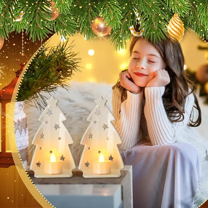 Yungyan 2 Pcs Christmas Tree Candle Holder Ceramics Christmas Tealight Holders Votive Candlestick White Xmas Tree Silhouette for Tea Light Taper Candles Table Centerpiece Home Mantel Fireplace Decor
