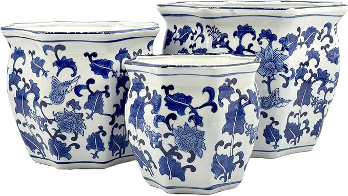 Galt International Blue & White Round Fluted Floral Porcelain Ceramic Plant Flower Planter Pot Set of 3 (7.5", 10", 13") Garden Pots Chinese Asian Design