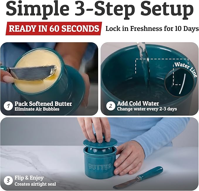 PriorityChef Butter Crock with Lid with Water Line,Ceramic French Butter Dish to Leave On Counter, Teal Blue