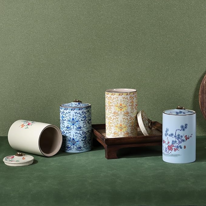 Chinoiserie Porcelain Decorative Jar with Lid,Home Decor Accent, Kitchen Canning Container, Jar for Loose Tea, Pen Holder,21oz Ceramic Vase & Storage Jar (FQM Jar)