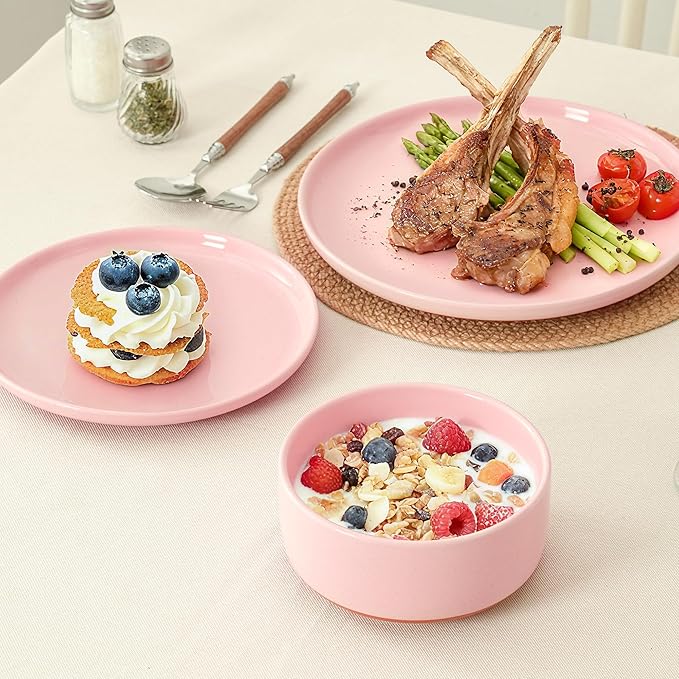12 Piece Dinnerware Set, Dual Glaze Stoneware Plates and Bowls Sets, Modern Dinner Plate, Salad Plate, Cereal Bowl, Dish Set for 4, Microwave and Dishwasher Safe, Pink