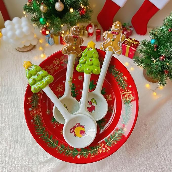 2Pcs Christmas Spoons Ceramic Spoons with Creative Xmas Tree Theme for Dessert Cake Coffee Tea Drinking Stirring Mixing Spoons Xmas Holiday Tableware Party Supplies