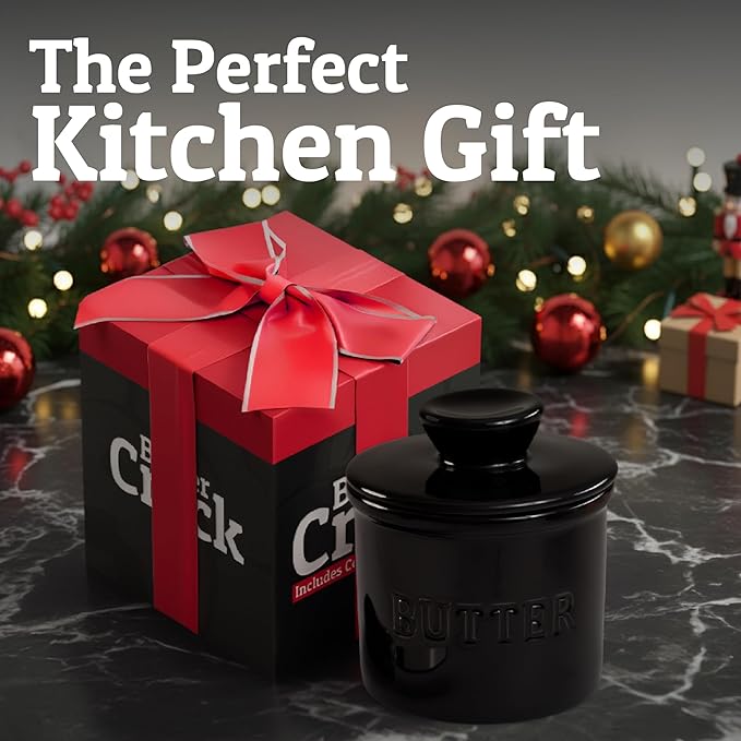 PriorityChef Butter Crock with Lid with Water Line, Ceramic French Butter Dish to Leave On Counter, Black