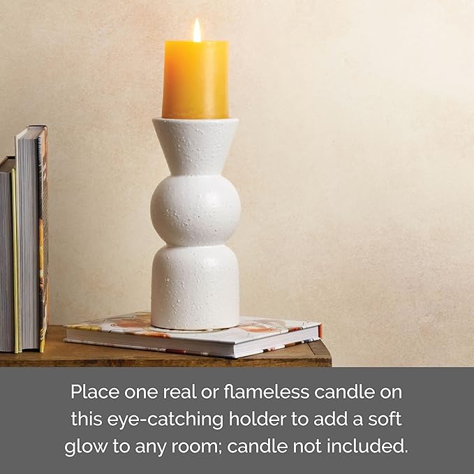 Elements Geo Shaped Ceramic Candle Holder, 9 Inch, White