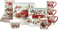 Red Truck Snowman 16pc Ceramic Dinnerware Set, Service for 4 – Bring holiday cheer to every meal with festive red trucks, snowmen, and trees, perfect for holiday gatherings and winter entertaining