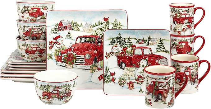 Red Truck Snowman 16pc Ceramic Dinnerware Set, Service for 4 – Bring holiday cheer to every meal with festive red trucks, snowmen, and trees, perfect for holiday gatherings and winter entertaining