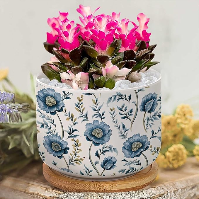 Mughal Flower Ceramics Planter Set of 5 Chinoiserie Blue Floral Cactus Pot for Indoor with Drainage Holes Oriental Chinoiserie Small Succulents Plant Pot