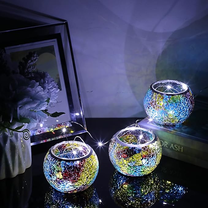 OwnMy Set of 3 Colorful Mosaic Glass Tea Light Holders Round Bowl Votive Candle Holders Pillar Candle Stands, Glass Mosaic Tealight Holders Potted Plant Bowl Vase Candle Centerpiece for Table Wedding
