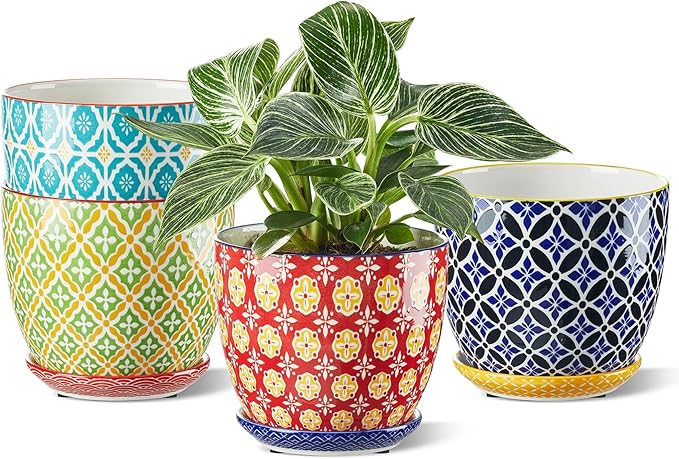 Ceramic Plant Pots, 5.8 Inch Flower Pots for Indoor Plants, Colorful Planters with Drainage Hole & Saucer, Garden Planters for Succulent, Orchid, Cactus, Home Decor, Set of 4