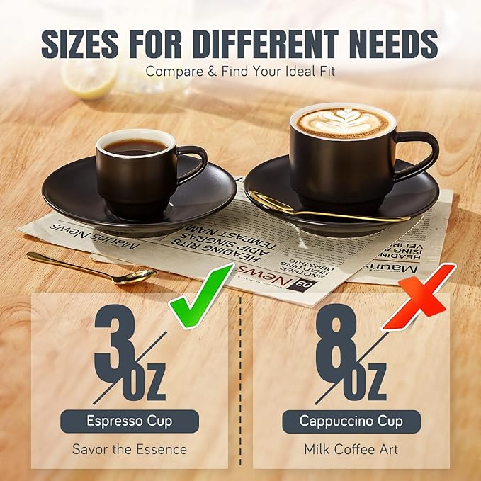 Lareina 3-Ounce Espresso Cups Set of 4, Small Stackable Coffee Cups with Saucers, Spoons and Metal Stand, Ceramic Demitasse Mugs, Espresso Accessories for Machine, Black