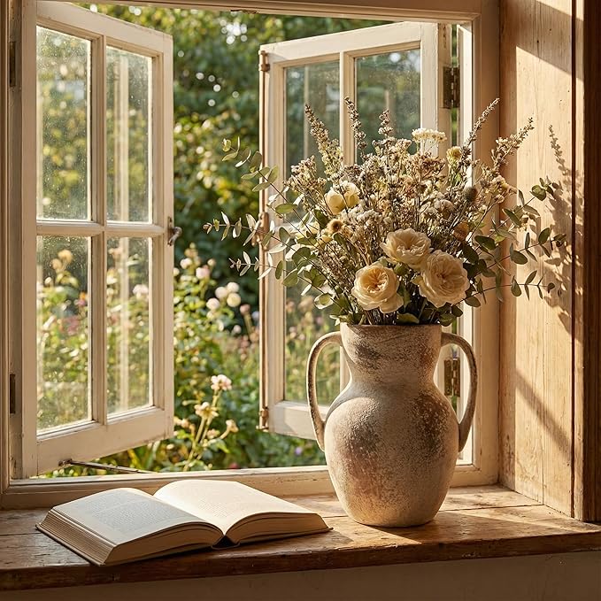 Emotionally Grounded Vase, Vaseking Large Ceramic Rustic Vase with 2 Handles, 8.6 inch Minimalist Decorative Farmhouse Tall Vases for Home Decor, Living Room, Enterway, Table Decoration,Terra
