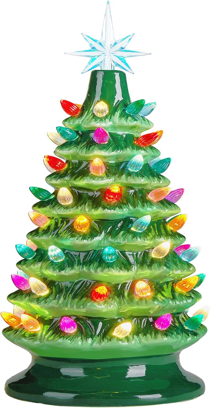 JOIEDOMI 15" Ceramic Christmas Tree, Table Top Christmas Tree with Star Topper, Vintage Pre-lit Xmas Decor with Multicolored LED Lights, Hand-Painted Xmas Decorations Indoor Home Office