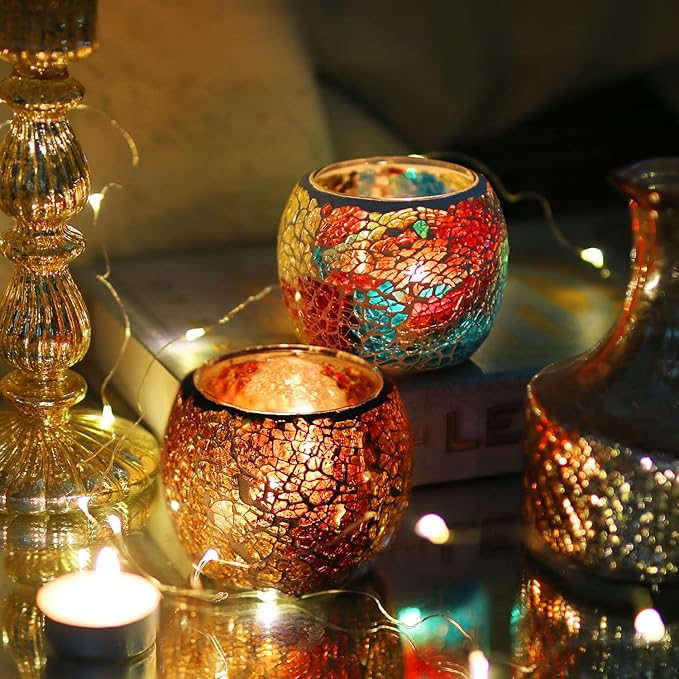 Votive Candle Holders for Table Centerpiece (NO Candles) Wedding Dinner by Candlelight,Tea Light Holders Mosaic Candle Holdes Candlescape Bowl for Valentine's,Christmas Party Decor 1 PC(Rainbow)