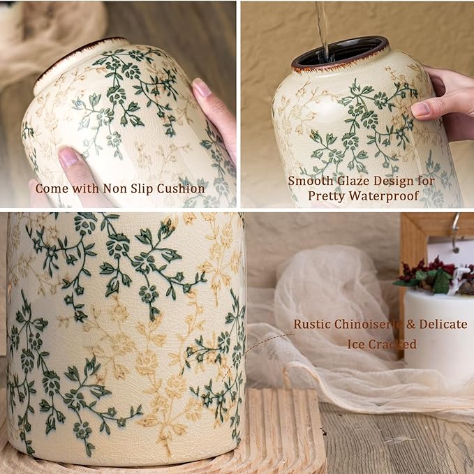 Green Chinoiserie Floral Vase, Ceramic Farmhouse Flower Vase, Creative Ice Cracked Vintage Vases for Home Decors, Cottage, Dining Coffee Table Centerpiece, Bookshelf, Tuscan Decor,8.3 Inch