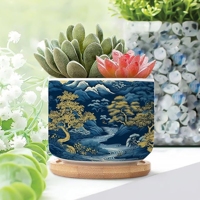 1 Piece Blue Indigo and Gold Asian Scenery Small Ceramics Planters Chinoiserie Chic Asian Succulents Pots with Drainage Bamboo Trays Navy Blue Mountain Ceramics Pots for Plants