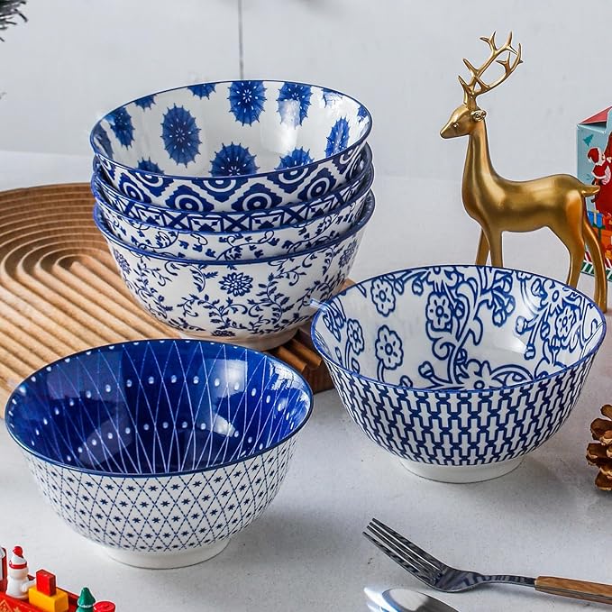 Ceramic Soup Bowls Set - 24 Oz Porcelain Deep Cereal Bowl - 6 Inch Large Dinner Bowl Kitchen Eating Pasta Salad Rice Oatmeal Noodle Snack - Microwave Dishwasher Safe - Set of 6 - Vintage Blue
