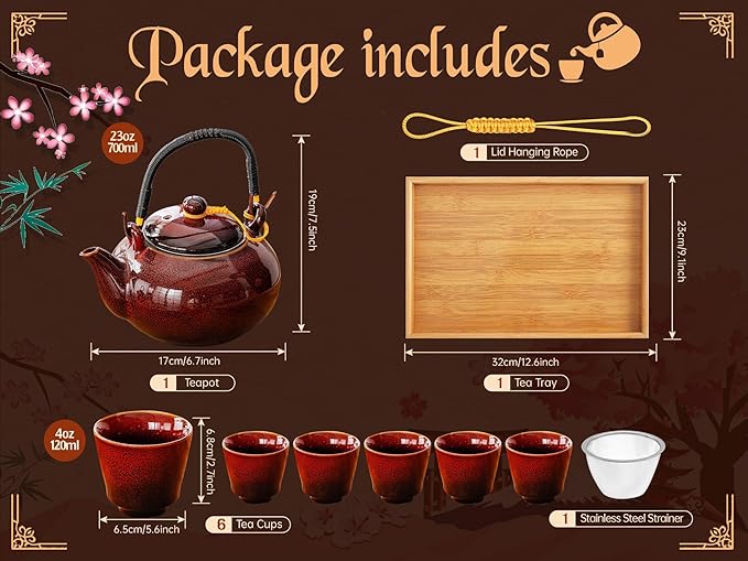 Japanese Tea Set for Adults, Porcelain Kung Fu Tea Set with 1 Teapot (23.5oz/700ml), 6 Tea Cups(4oz/120ml), Tea Tray & Stainless Infuser, Japanese Teapot Set Tea Gift Set (Kiln Altered Red)