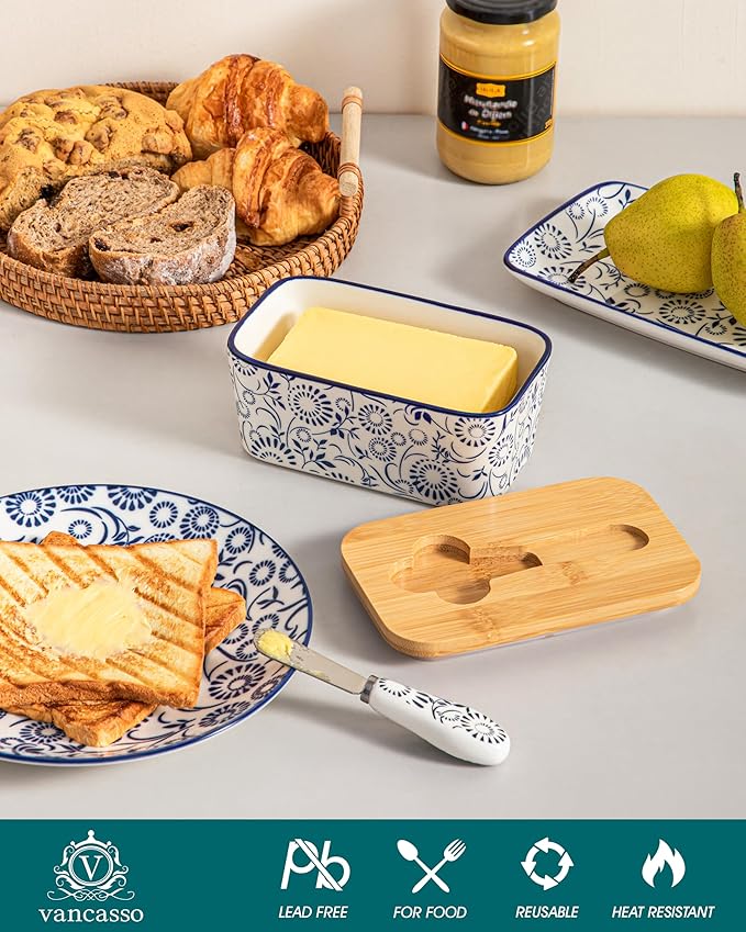 vancasso SELENE Butter Dish with Lid, 6.5" Large Butter Dish for Countertop, Ceramic Butter Keeper Container with Knife and Bamboo Lid, Floral Bloom Pattern
