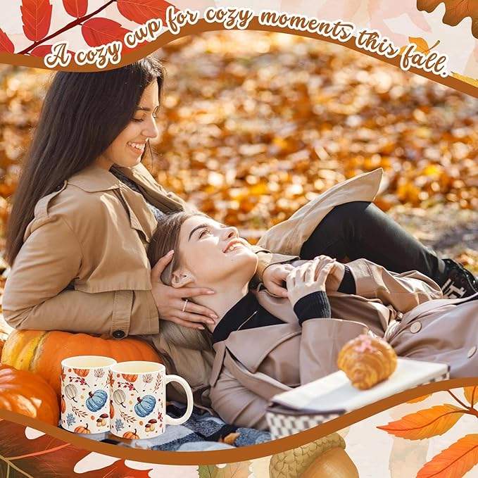 Sliner 11 oz Pumpkin Ceramic Coffee Mugs Set of 2 Thanksgiving Fall Cup Gifts Festive Tea Cup Autumn Holiday Birthday Gifts for Men Women