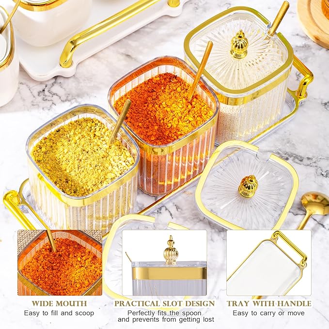 3 Pack Clear Condiment Spice Jars with Lids, Spoons, Tray - Plastic Seasoning Box Set for Salt, Pepper, Sugar - Kitchen Storage