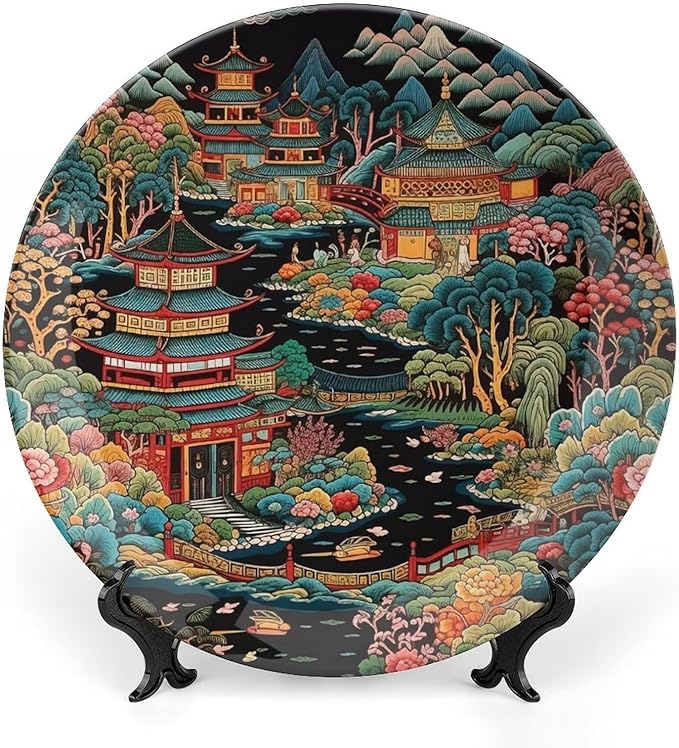 Chinoiserie Charcoal Coral Pagoda Asian China Plates, Asian Scenic Chic Chinoiserie Pagoda Custom Bone China Decorative Plate for Wedding Festival Home Decor, with Display Stand Art Decor for Table