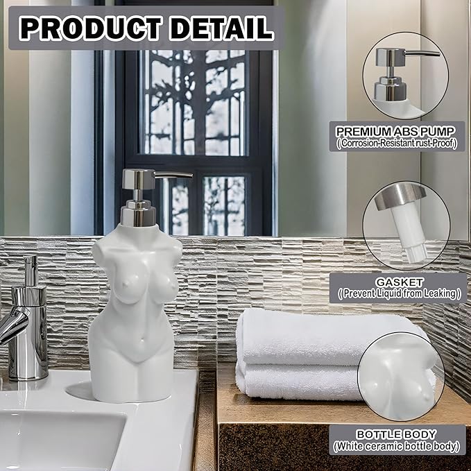 Ceramic Girl Soap Dispenser,Lotion and soap Dispenser Refillable Liquid Hand Soap Dispenser for Bathroom and Kitchen (White)