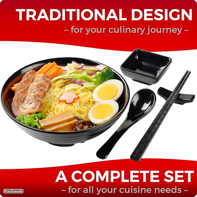 Unbreakable Ramen Bowl Set with Chopsticks and Spoon: 2 large Japanese Style Melamine Ramen Bowls, Dipping Bowls and Chopstick Stands for Asian Pho Soup Thai Miso Udon Wonton (2 Bowl Set, Black)