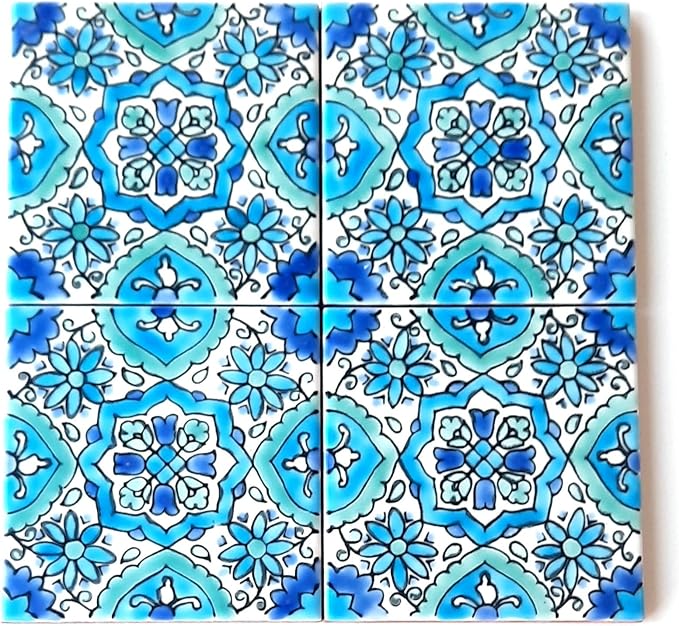 DŸARI Decorative Ceramic Tiles – Hand Painted Indoor & Outdoor Floor Tiles – Spanish Artisan Tile Top Kitchen – Mediterranean Decorative Tiles 4” × 4” – Durable Colorful Floor Tiles – 140 g (Eau V 9)