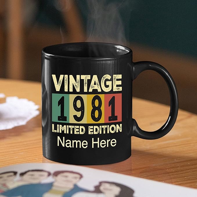 PREZZY Vintage 1981 Limited Edition 42nd Birthday Decorations Personalized Gifts for Women Men Mothers Day Fathers Day Gift 42 Year Old Birthday Mug Customized Name Ceramic Black Tea Cup 11oz 15oz