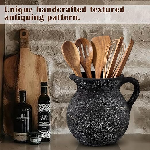 Rustic Kitchen Utensil Holder with Handle,7.48" H Ceramic Vintage Utensil Crock for Countertop, Farmhouse Kitchen Decoration Ceramic Pot for Spatulas Spoons Tongs(Classic,Antique Black Gold)