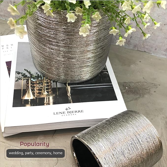 WGVI Silver Etched Ceramic Cylinder Vase Width 5.5" Height 5", Flower Arrangements, Candle Holder, Terrarium Planter Pot, Storage Container Organizer, Pen Brush Holder, Scratched Texture Design, 6 Pc