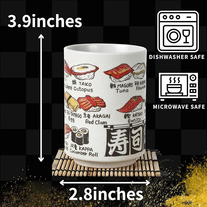 Japanese Tea Cups Sushi-Yunomi Mino Ware With Bamboo Coaster (Set of 2) (Sushi Chef)