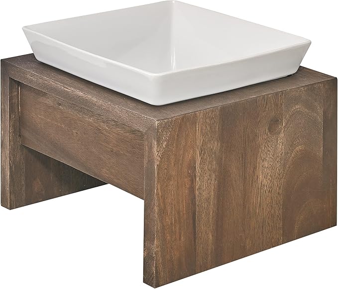 Bowsers Artisan Diner Single Dog Feeder - Handcrafted Rubberwood Frame with Square Ceramic Bowl Feeder for Dogs - Walnut, Medium, 10” x 10” x 6