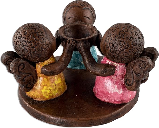 NOVICA Artisan Handmade Ceramic Tealight Candleholder Salvadoran Angel Multicolor Lamps Lighting Holders Natural Materials Painted [4.3in H x 7in W x 7in D] ' Angel Trio'