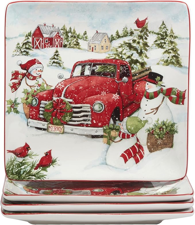 Red Truck Snowman 16pc Ceramic Dinnerware Set, Service for 4 – Bring holiday cheer to every meal with festive red trucks, snowmen, and trees, perfect for holiday gatherings and winter entertaining