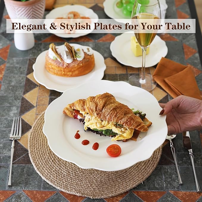 10.5 Inch Porcelain Large Dinner Plates Set of 8, White Leave Wave Rim Appetizer Salad Plates, Ceramic Dinnerware Serving Plate for Pancakes, Steak, Pasta, Pizza, Microwave, Dishwasher Safe