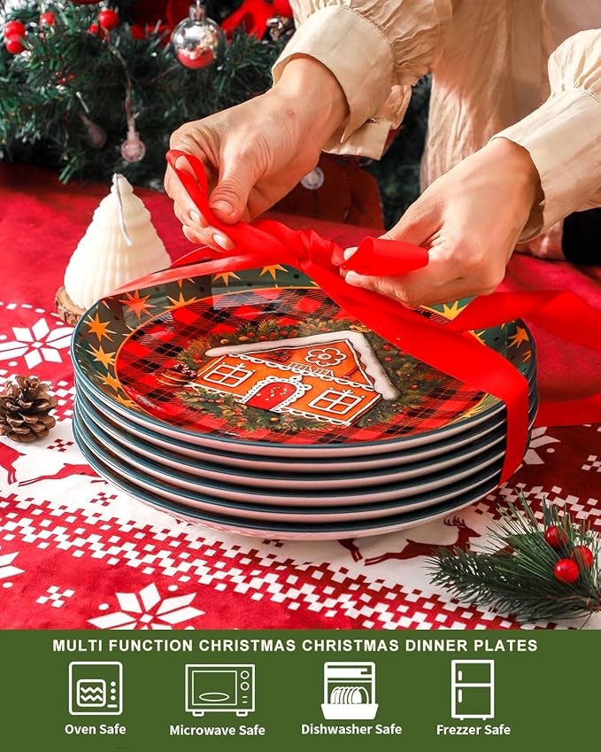 HASENSE Dinner Plates, 10.5 Inches Serving Dishes for Salad, Pasta, Steak, Dessert, Party, Kitchen, Ceramic Holiday Plate Set of 6, Microwave and Dishwasher Safe, Red