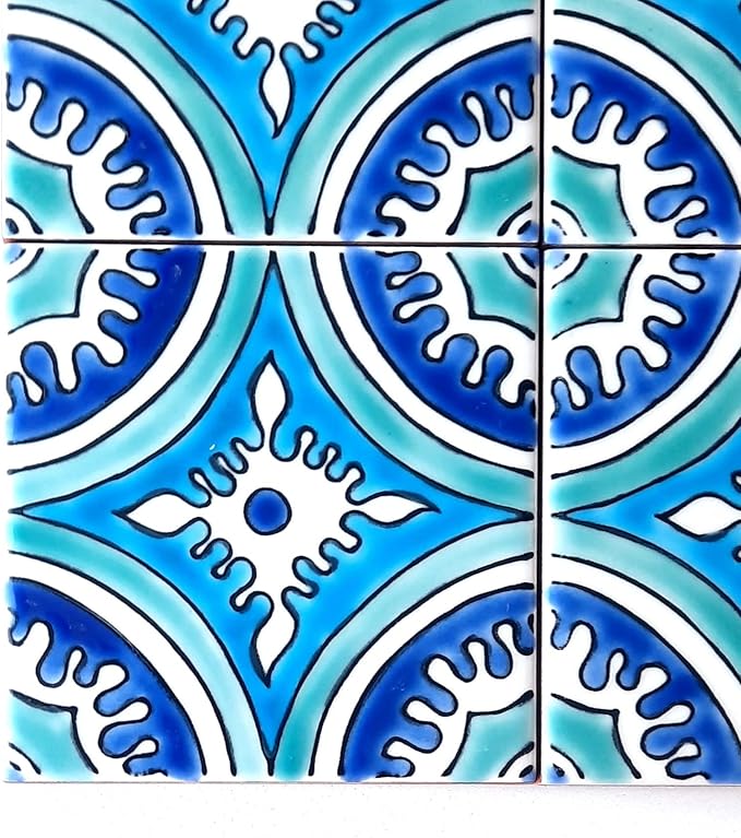 DŸARI Decorative Ceramic Tiles – Hand Painted Indoor & Outdoor Floor Tiles – Spanish Artisan Tile Top Kitchen – Mediterranean Decorative Tiles 4” × 4” – Durable Colorful Floor Tiles – 140 g (Eau V 5)