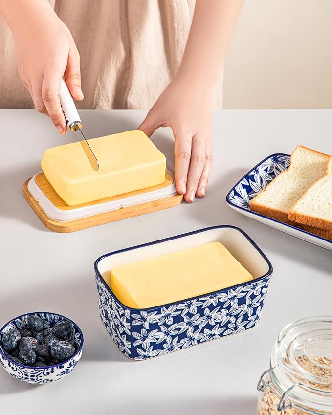 vancasso SELENE Butter Dish with Lid, 6.5" Large Butter Dish for Countertop, Ceramic Butter Keeper Container with Knife and Bamboo Lid, Blossom Cluster Pattern