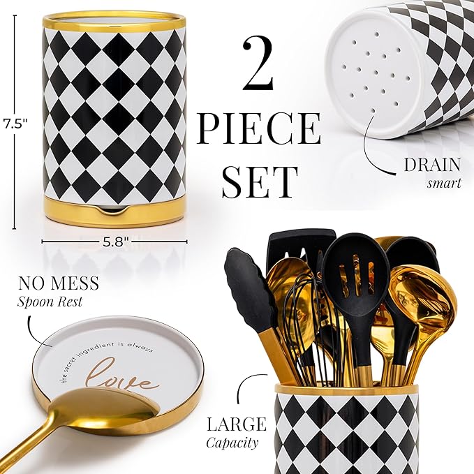 STYLED SETTINGS Black & White Checkered Utensil Holder Set – Large Ceramic Kitchen Utensil Holder for Countertop with Gold Spoon Rest – Stylish Checkered Kitchen Decor & Organizer