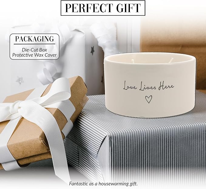 Pavilion Gift Company - Love Lives Here - 10 oz Soy Wax Ceramic Vessel Candle Housewarming Apartment-Warming Gift Present Neutral Home Decor