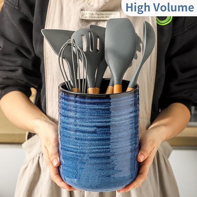 HASENSE Kitchen Utensil Holder, 7.4" x 6.2" Ceramic Utensil Holder for Countertop, Stable Cooking Utensil Organizer Crock for Spatula, Modern Kitchen Decor, Blue