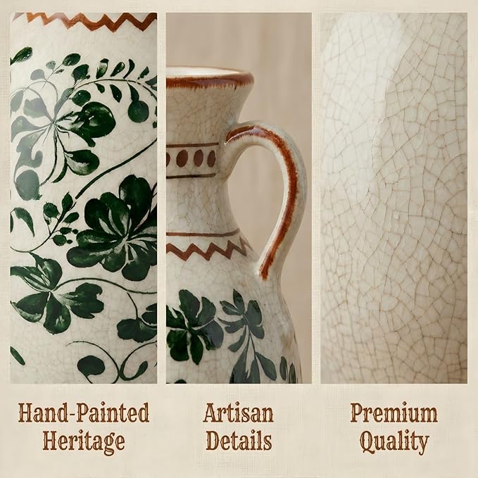 EFISPSS Ceramic Vintage Vase Decorative Spring Decor Chinese Crackle Floral Handle for Dining Room Living Room Green 8.4 in