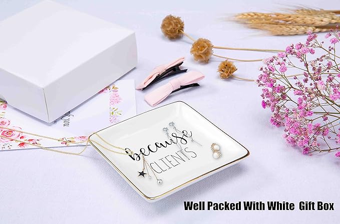 Topthink Because Clients - Unique Gift Idea for Hairdresser,Makeup Artist,Nail Tech,Lawyer, Realtor,Real Estate Agents - Christmas Gifts for Women Her - Ceramic Jewelry Holder Ring Dish Trinket Tray